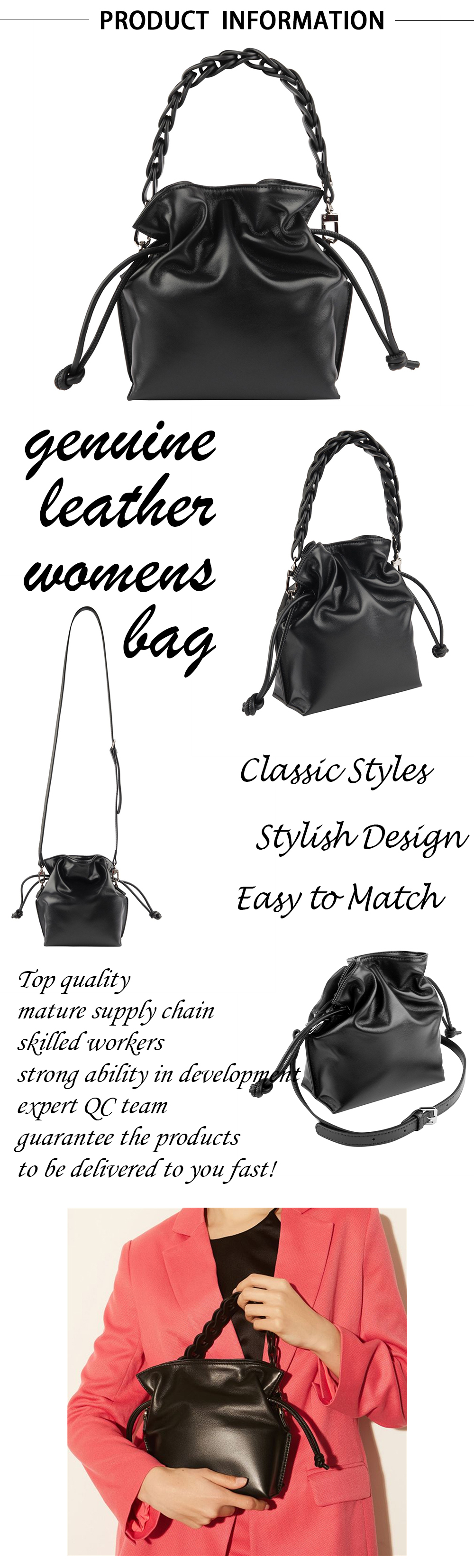 Leather Drawstring Bucket Bag Chic Crossbody