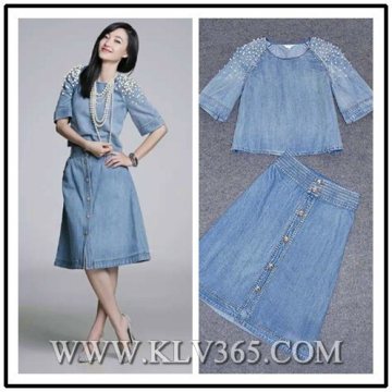 Denim Women Casual Wear Beading Top with Skirt Set