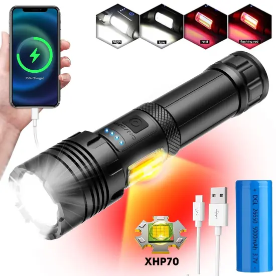 Super Bright XHP70 LED COB Tactical Flashlight: Waterproof, Zoomable, Long Range & Rechargeable with USB-C