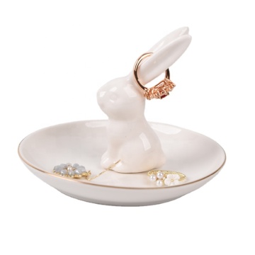 Ceramic Rabbit Ring Holder, 4 Inch Diameter Trinket Tray with Color Glaze Handcraft Finish