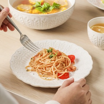 Nordic White Ceramic Plates and Embossed Bowl for Restaurant Dining
