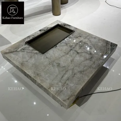 Il Italian Luxury Square Marble Coffee Table with Translucent Onyx and Backlit Patagonia Marble