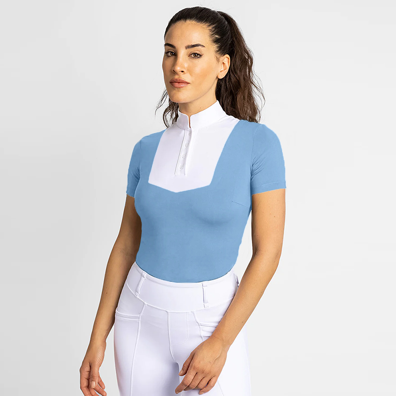 Nieuwe kleding Dames lichtblauw paardrijden Mesh Show Shirt