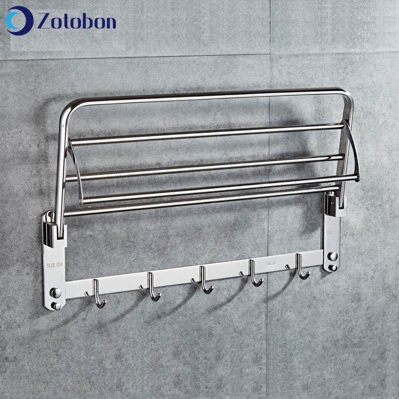 ZOTOBON Stainless Steel Towel Rack Wall Mounted Fold Towel Holder Storage Shelf with Hook Bathroom Shower Room Accessories H255
