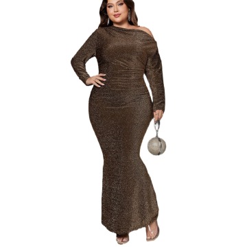 Plus Size Women's Long Sleeved Fishtail Dress with Slanted Shoulder