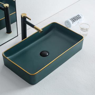 Matte Green Ceramic Bathroom Sink with Gold Edge