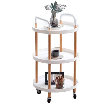 Two-Tier Round PP Plastic with Beech Wood Legs Trolley for Coffee Cups and Desserts