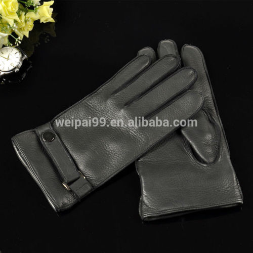 Classic style men outside sewing buckle decoration black winter deerskin leather gloves