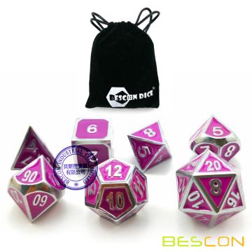 Bescon Deluxe Creative Shiny Silver and Purple Enamel Solid Metal Polyhedral Role Playing RPG Game Dice Set of 7