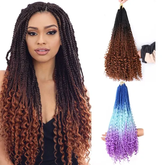 Hot Selling Ombre Messy Goddess Boho Braided Bohemian Box Braids With Curls Un-ruly Synthetic Crochet Hair Extension For Woman