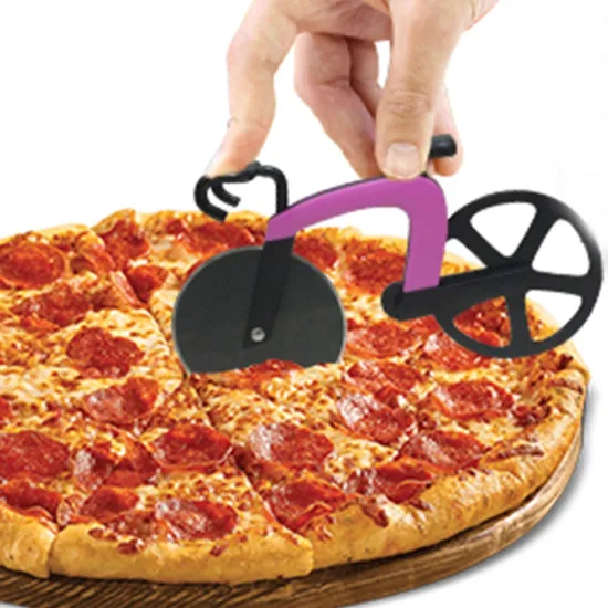 newest kitchen gadget stainless steel bike shaped rolling wheel pizza cutter with kickstand