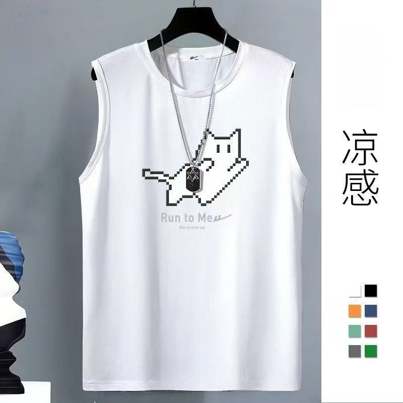 Men White Pixel Cat Print Quick Dry Vest