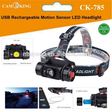 USB rechargeable LED aluminum Headlamp with Motion Sensor,Rechargeable lithium battery and mirco USB cable included
