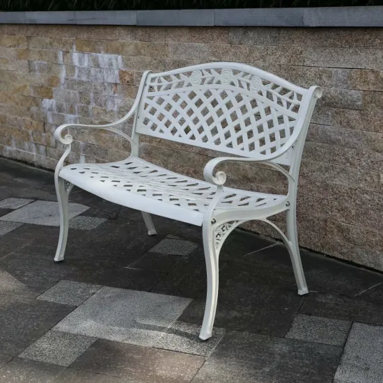 White Outdoor Cast Aluminum Park Bench and Dining Chairs for Garden and Forest Landscapes
