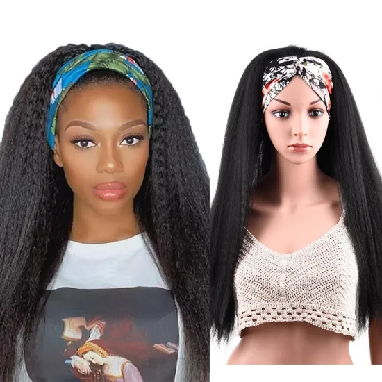 High Quality 24 Inch Chic Style Kinky Straight Hair Headband Wig With Pre-attached Scarf Synthetic Yaki Straight Headband Wigs
