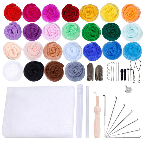 25 Colors Fiber Material with Felt Needle Set Weaving Needlework Spinning Craft Kits Wool Felt Roving Wool Felting Tool Kit