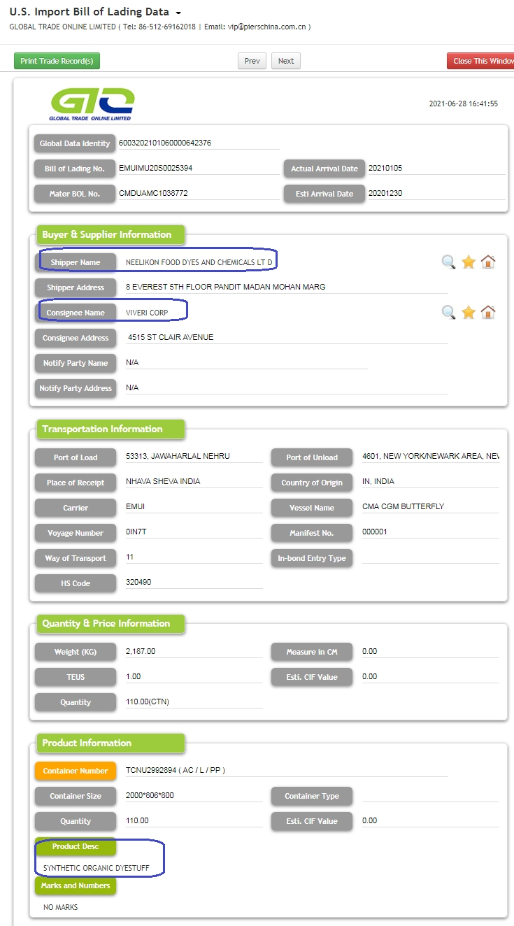 Organic Dyestuff USA Import Trade Data