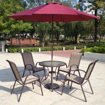 6 Piece Outdoor Garden Patio Furniture Set: Glass Table, Aluminum Chairs & Umbrella