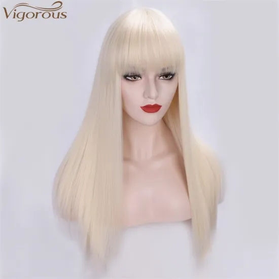 Vigorous High Temperature Long Straight with Bangs 613 Blonde Synthetic Hair Wigs for Women Daily Use Wholesale Price