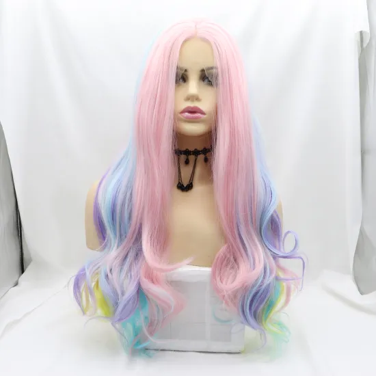 Vigorous Lace Synthetic Wig Long Straight Rainbow Color Full Wig for Cosplay Girls Party or Daily Use