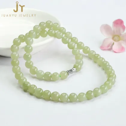 Minimalist Green Hetian Jade Beaded Necklace for Women - Real Stone Jewelry