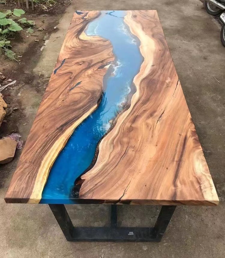 Free Logo Home Furniture Direct Solid Walnut Wood Coffee Kitchen Restaurant Cafe River Epoxy Resin Slab Dining Table