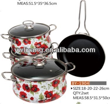 BY-1904 Hot Sale Ceramic Handle Stainless Steel Lid Cast Iron Pink Peony Decal Non-stick Casseroles Enamel Cookware Set