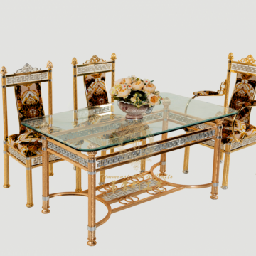 Golden 4-6 Person Luxury Tempered Glass Dining Table and Chair Set