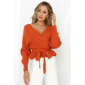 Damen V Hals Gürtel Taille Ruffle Pullover Top