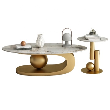 Modern White Stone Coffee Table with Black Metal Base and Golden End Tables
