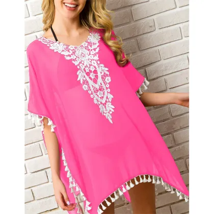 Women`s Crochet Chiffon Tassel Swimsuit Beach
