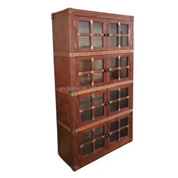Retro Vintage Genuine Leather Wood Bookshelf for Home Office
