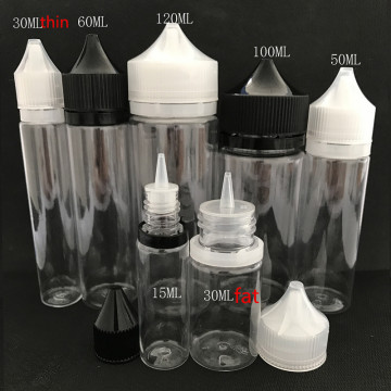 Hot sale clear 15ml 30ml 50ml 60ml 120ml pet plastic unicorn gorilla e liquid bottle with tamper-childproof cap for e-cig