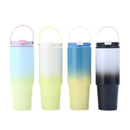 Gradient Stainless Steel Thermos Cup with Handle and Straw for Home & Travel