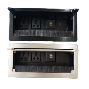Universal Power Outlet Flip-Up Cover with Safety Features for Office Desks and Conference Tables