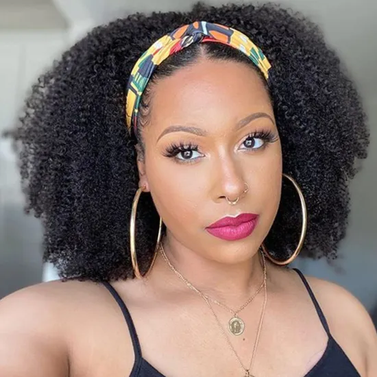 Full Machine Made No Lace Wig No Glue No Gel Easy to Install Brazilian Hair Headband Scarf Wig for African American Woman