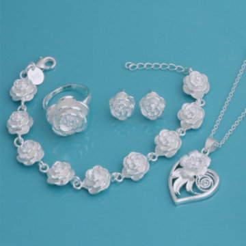 Fashion New Design 2013 Jewelry Set Silver Plated Frosted Rose Necklace Bracelet Earrings Ring Bridal Wedding Jewelry Set