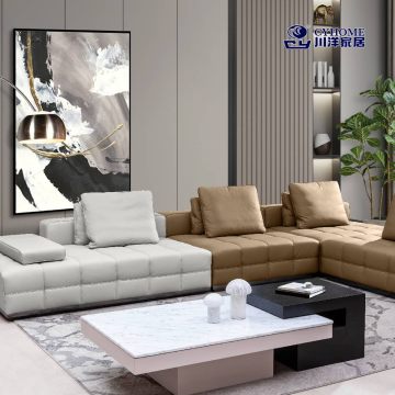 White and Yellowish-Brown Dual-Tone Leather Sofa