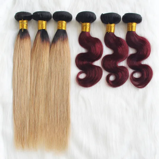 1b/99j Wholesale Cuticle aligned peruvian hair extension with lace frontal closure, 1b/27 raw 14 inch peruvian hair bundles
