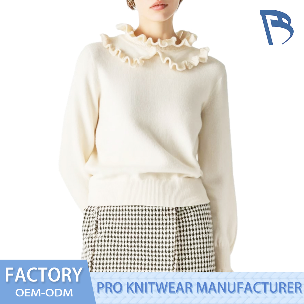 Áo dệt kim diềm xếp nếp màu trắng thanh lịch