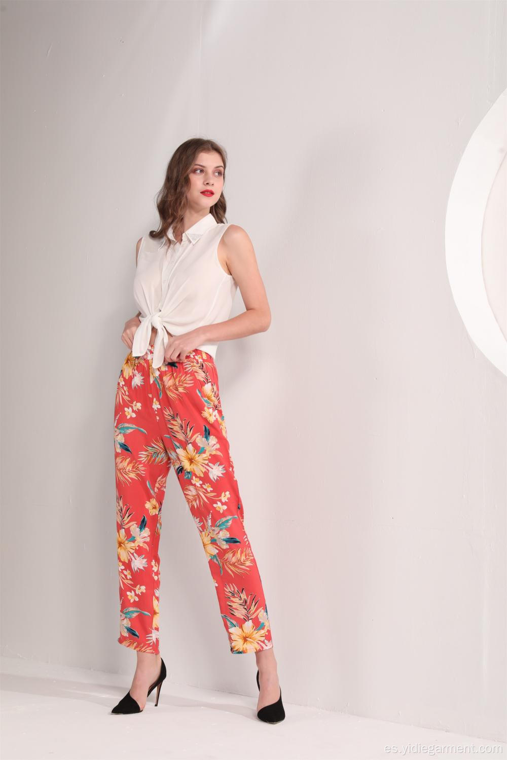 Pantalones de tobillo con estampado floral tropical para mujer