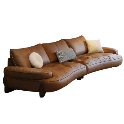 Classic Revival Antiquity Round Reclining Sofa Set with Genuine Leather and Wood Legs