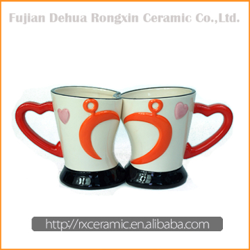 Moon design white wholesale red heart handle ceramic mugs