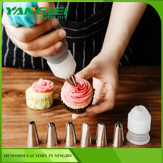 6pcs Stainless Steel Pastry Tubes with Silicone Pastray Bag Cake Decorating Tips Set