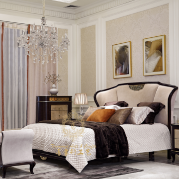 Modern Wooden Bed and Matching Stool Set in Italian Design