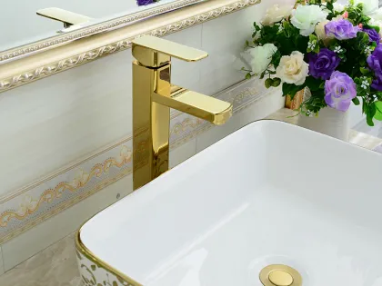 Elegance Flower Design Golden Ceramic Bathroom Sink Bowl
