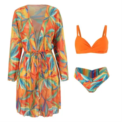 2024 Women's Three Piece Swimsuit with Long Sleeved Cover Up