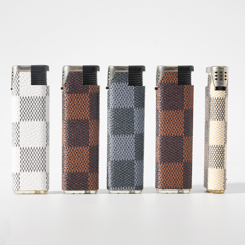 Jet Flame Gingham Pattern Leather Cover Lighter