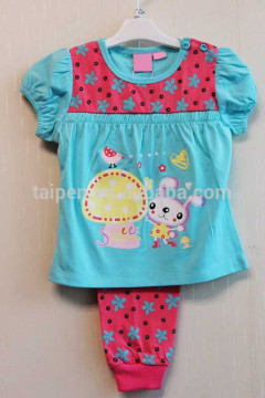Wholesale Fashion Baby Knitted Pajama Printed Cap Sleeve Top +Long Pan Girls 2 Pcs Set TP-7711