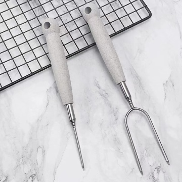 Outdoor BBQ stainless steel telescopic barbecue fork U-shaped wooden handle marshmallow stick barbecued barbecue sticks